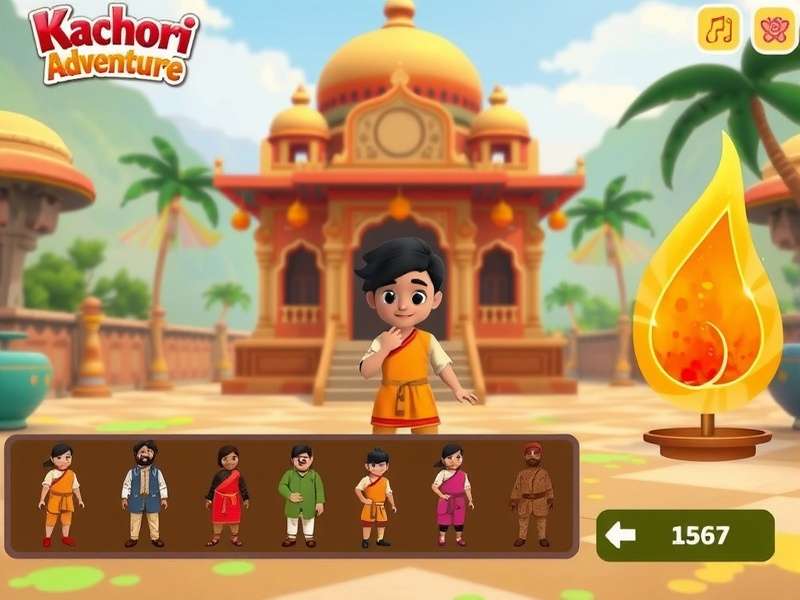 Kachori Adventure gameplay screenshot showing character in Indian temple setting